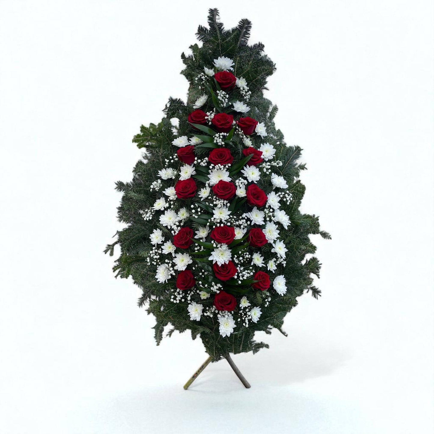 Coroană funerară cu crizanteme și trandafiri – respect și eleganță pentru funeralii