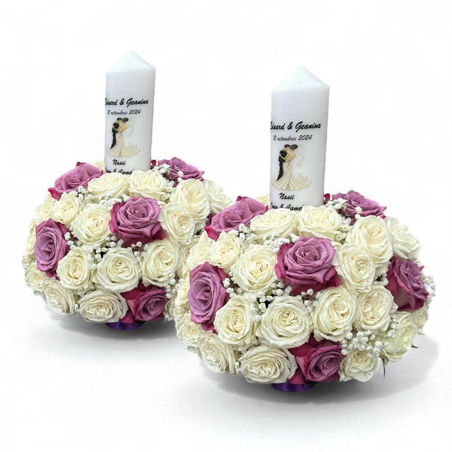 Set lumanari cununie cu trandafiri albi și mov 40cm