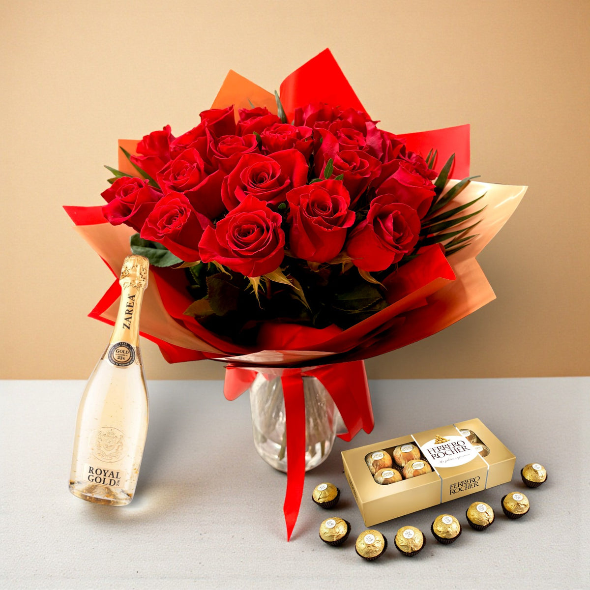 ❤️ Pachet Valentine’s Day Romantic – 21 Trandafiri roșii, șampanie Zarea Royale Gold Rose 23k și cutie Ferrero Rocher 100g