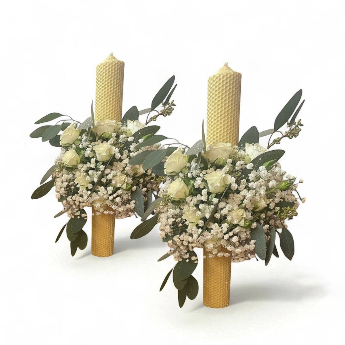 Set lumanari cununie cu trandafiri albi si gypsophila