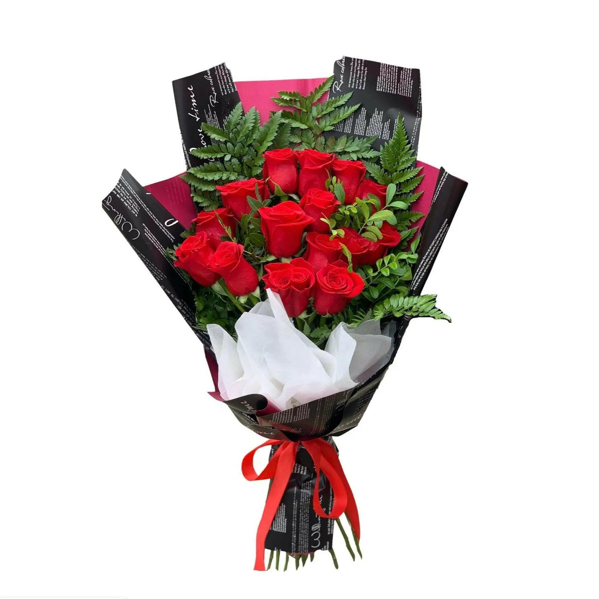 Buchet modern cu 15 trandafiri roșii eleganți